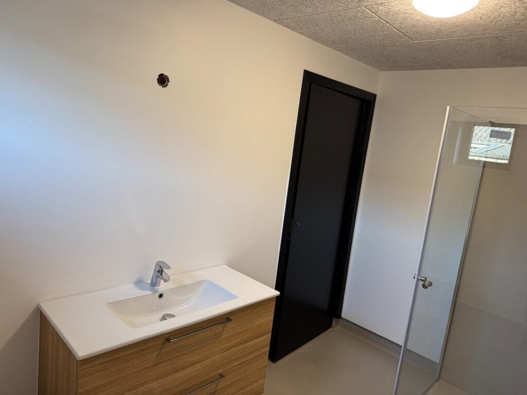 Moderne badeværelse med bruser og træskab